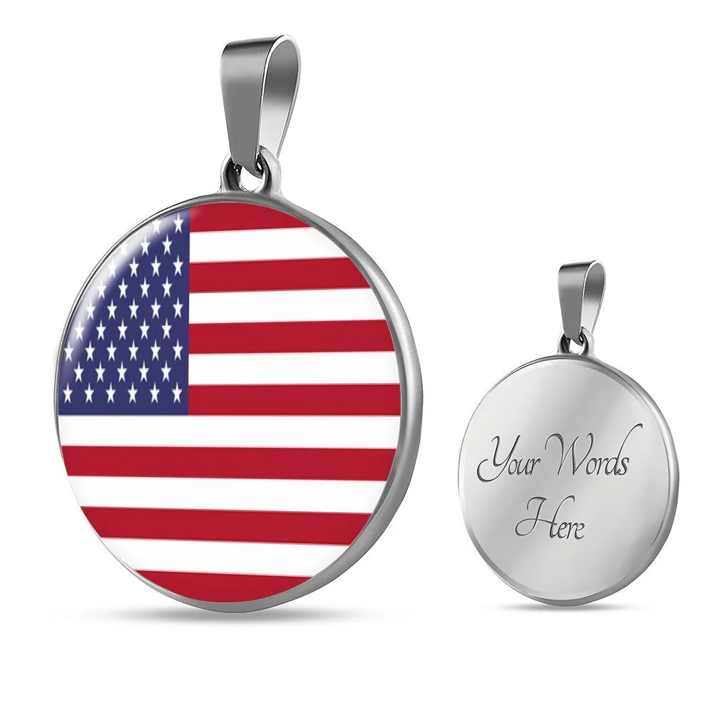 US Flag Necklace United States FlagCircle Pendant Necklace Stainless Steel 24 I